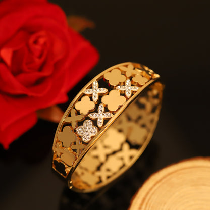 Wide Gold Bangle with Cutout Clover & Crystal Accents - Floral Bracelet