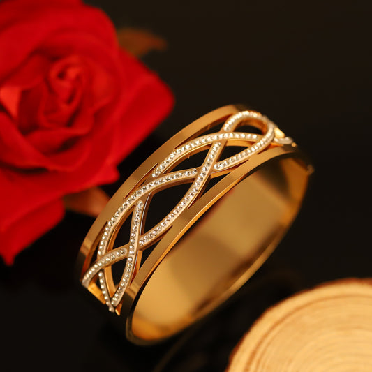 Modern Gold Geometric Bangle with Crystal Accent - Polished Bracelet