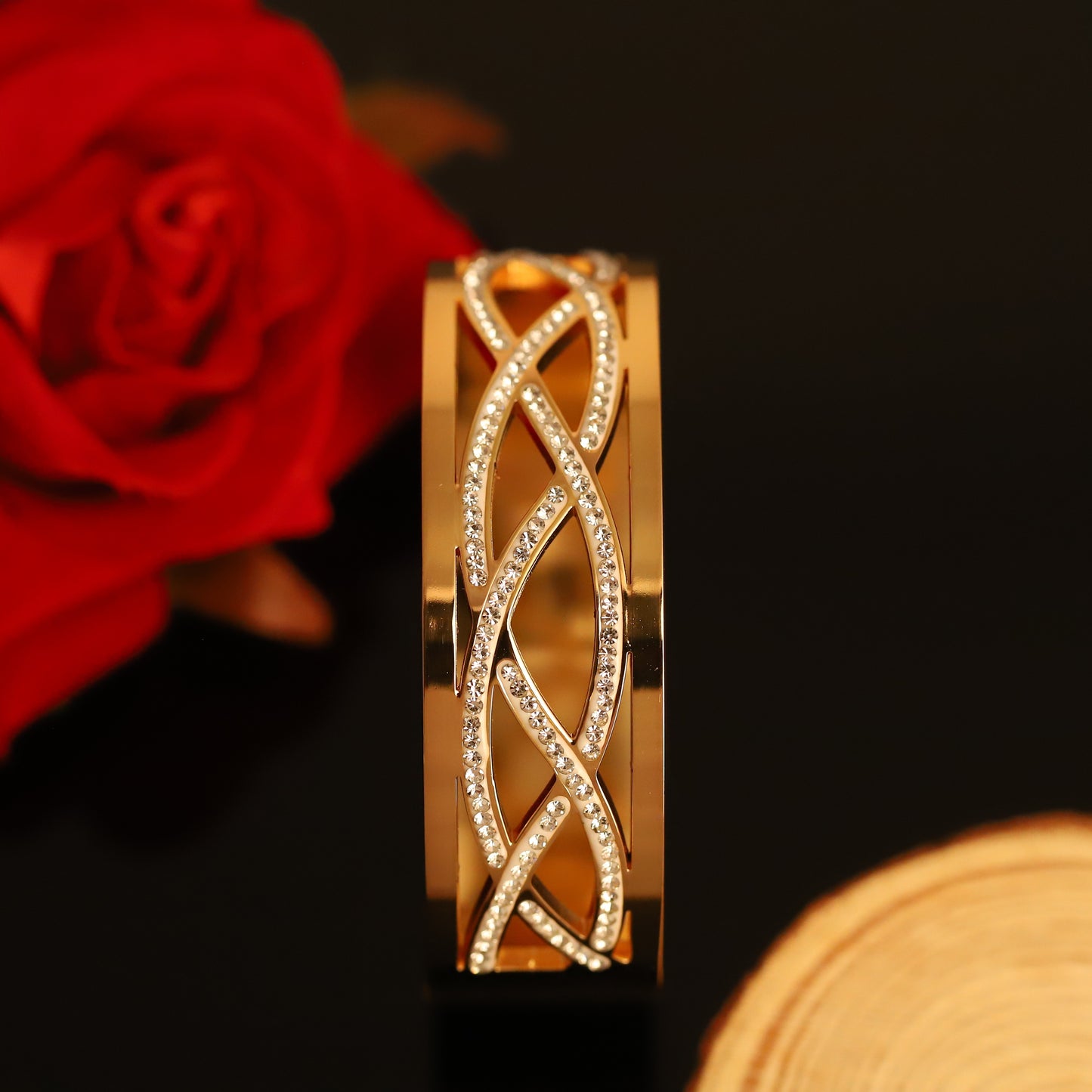 Modern Gold Geometric Bangle with Crystal Accent - Polished Bracelet
