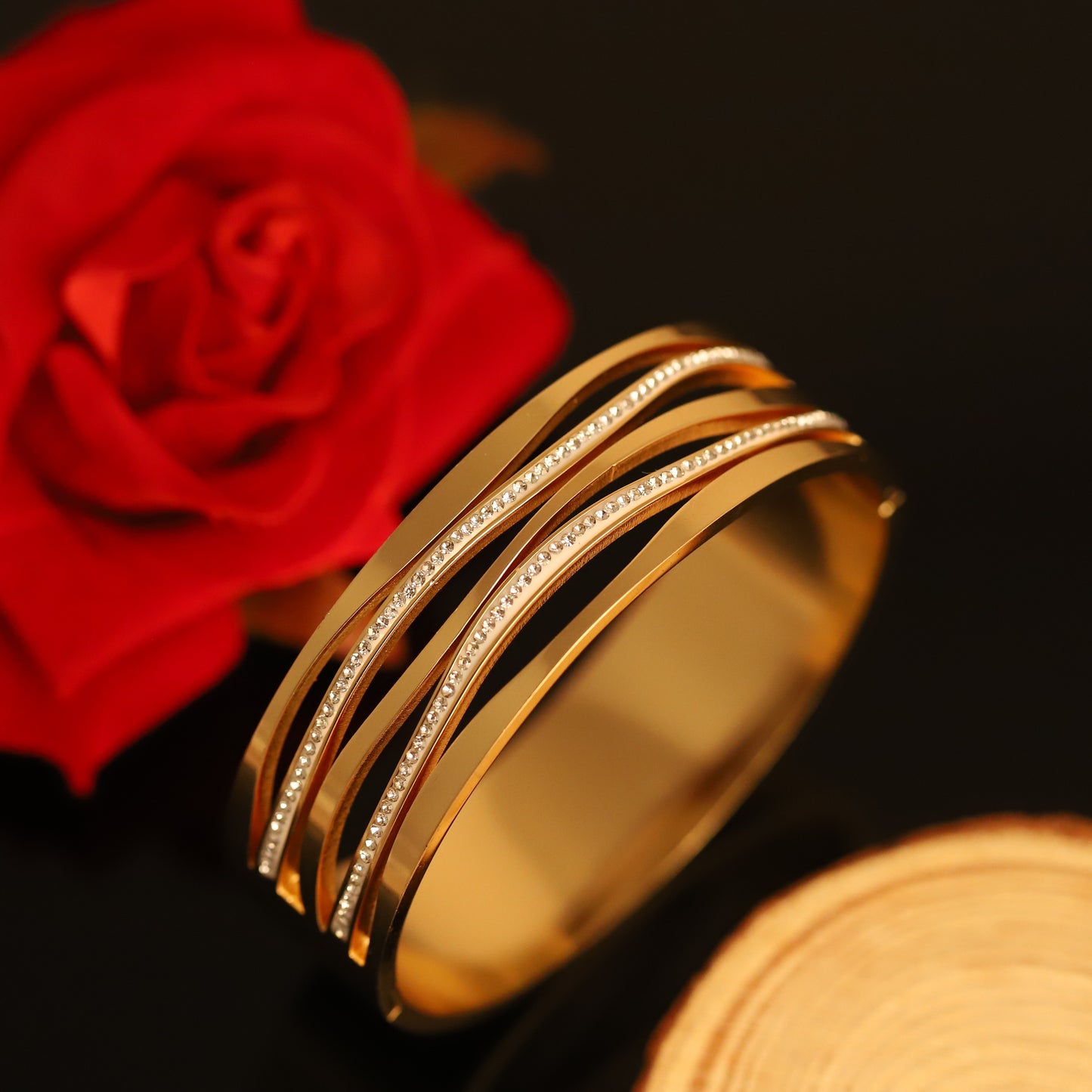 Modern Gold Wave Bangle with Crystal Accents - Layered Open Cuff Bracelet