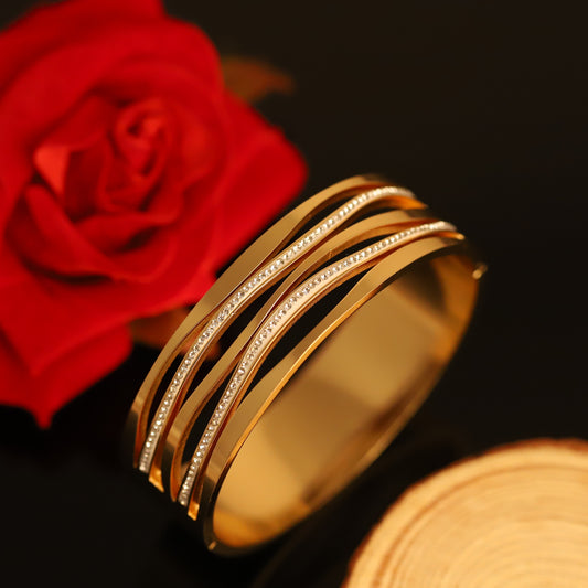 Modern Gold Wave Bangle with Crystal Accents - Layered Open Cuff Bracelet