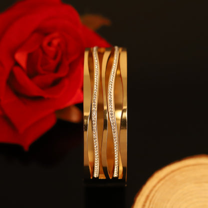 Modern Gold Wave Bangle with Crystal Accents - Layered Open Cuff Bracelet