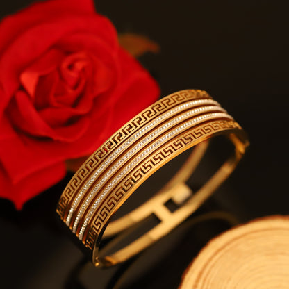 Gold Greek Key Layered Bangle with Crystal Stripes - Modern Elegant Bracelet