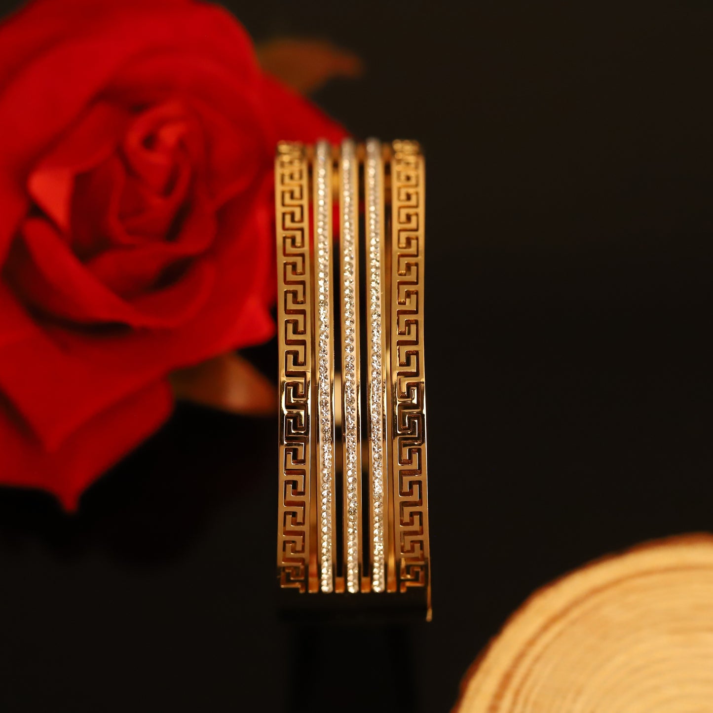 Gold Greek Key Layered Bangle with Crystal Stripes - Modern Elegant Bracelet