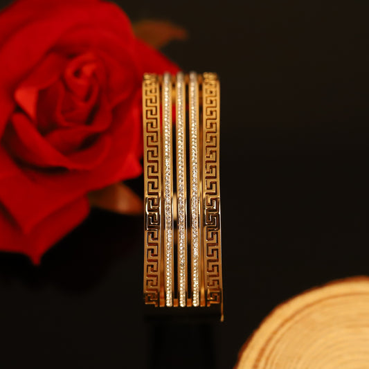 Gold Greek Key Layered Bangle with Crystal Stripes - Modern Elegant Bracelet