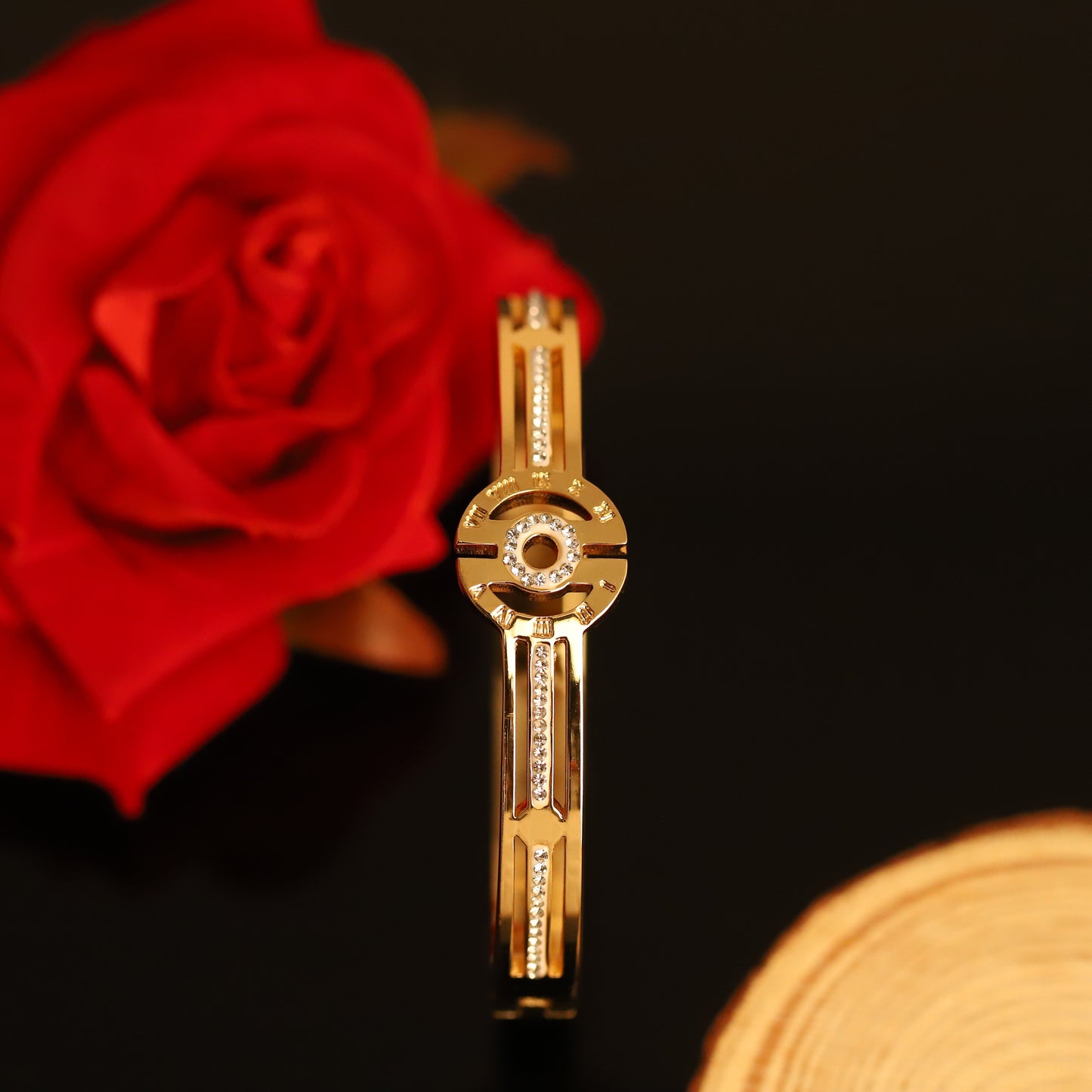Modern Gold Geometric Bangle with Crystal Bars - Openwork Bracelet