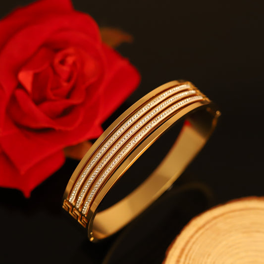Modern Gold Layered Bangle with Crystal Stripes - Statement Bracelet