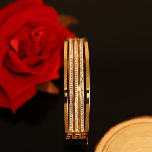 Modern Gold Layered Bangle with Crystal Stripes - Statement Bracelet