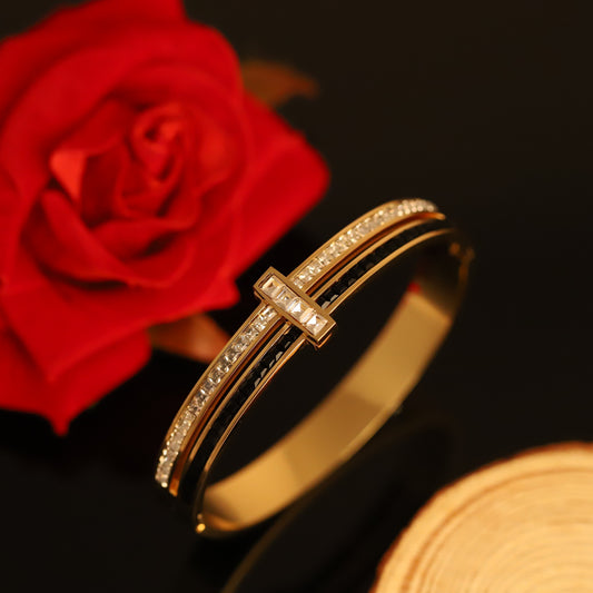 Modern Gold Bangle with Black & Crystal Stripe Accents - T-Bar Design