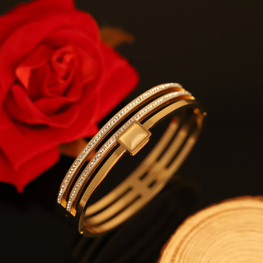 Modern Gold Bangle with Geometric Block & Crystal Stripes