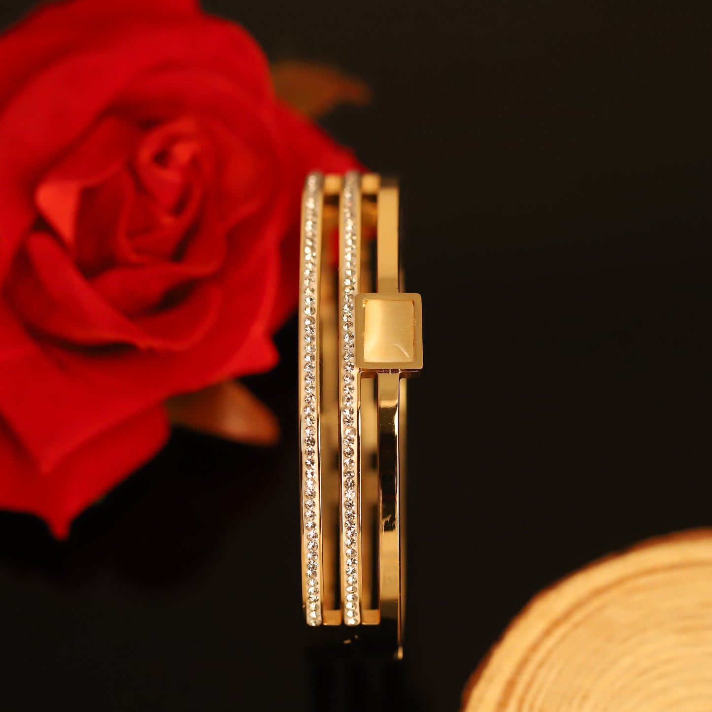 Modern Gold Bangle with Geometric Block & Crystal Stripes