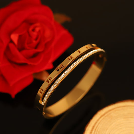 Gold Roman Numeral Bangle with Crystal Accent - Engraved Women's Bracelet