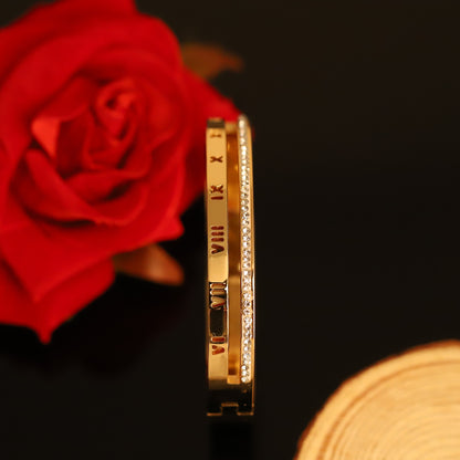 Gold Roman Numeral Bangle with Crystal Accent - Engraved Women's Bracelet