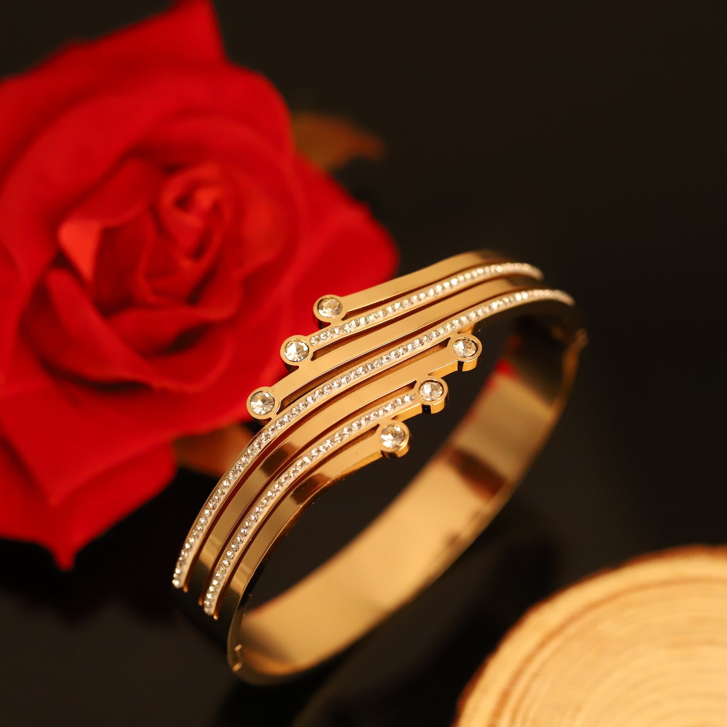 Modern Gold Layered Bangle with Crystal Stripes & Accents