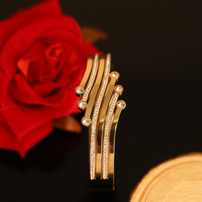 Modern Gold Layered Bangle with Crystal Stripes & Accents