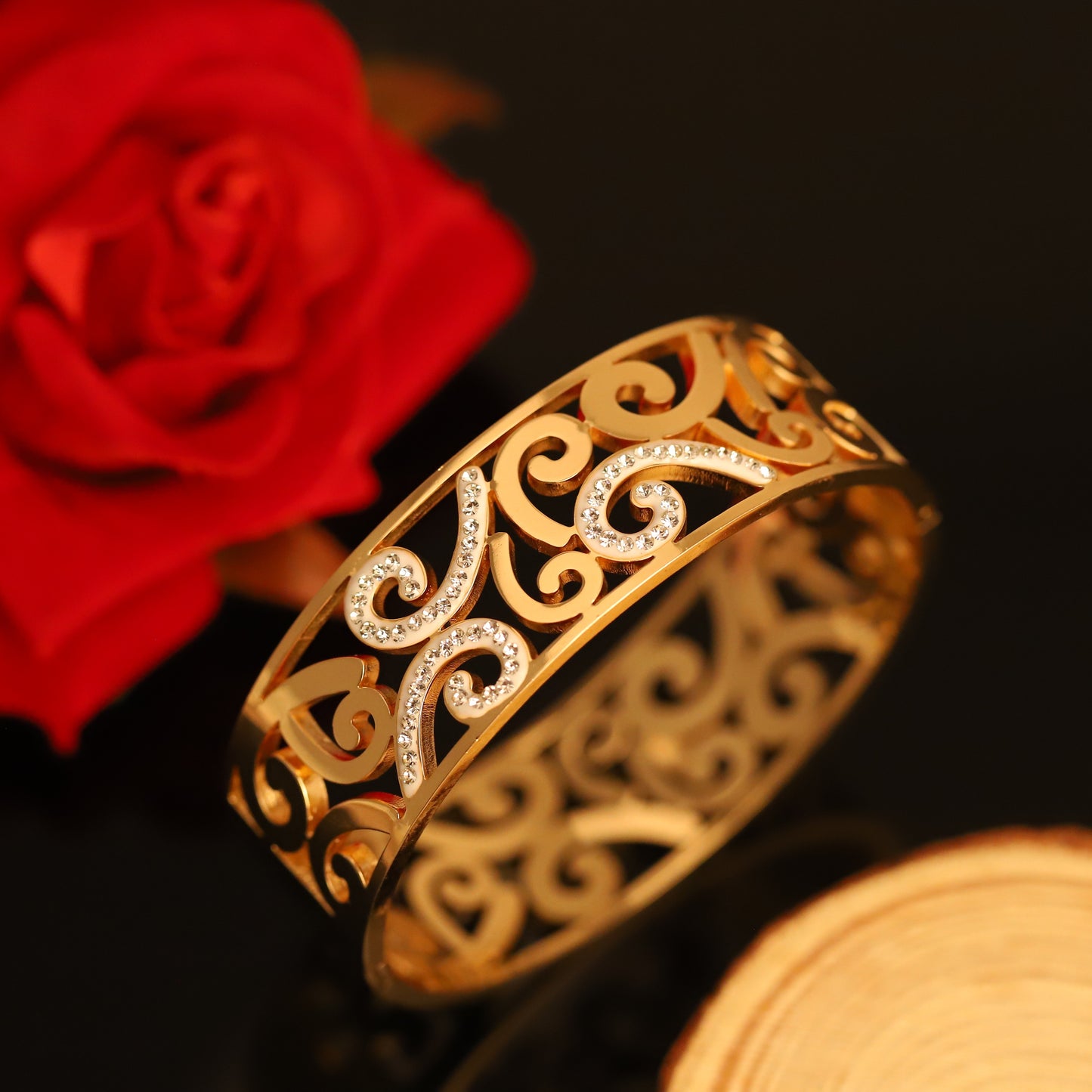 Filigree Gold Swirl Bangle with Crystal Accents - Ornate Openwork Bracelet