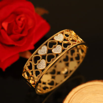 Wide Gold Bangle with Pavé Crystal Hearts - Openwork Cuff Bracelet