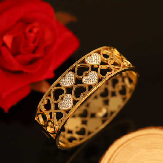 Wide Gold Bangle with Pavé Crystal Hearts - Openwork Cuff Bracelet