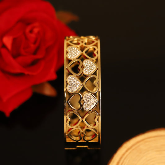 Wide Gold Bangle with Pavé Crystal Hearts - Openwork Cuff Bracelet