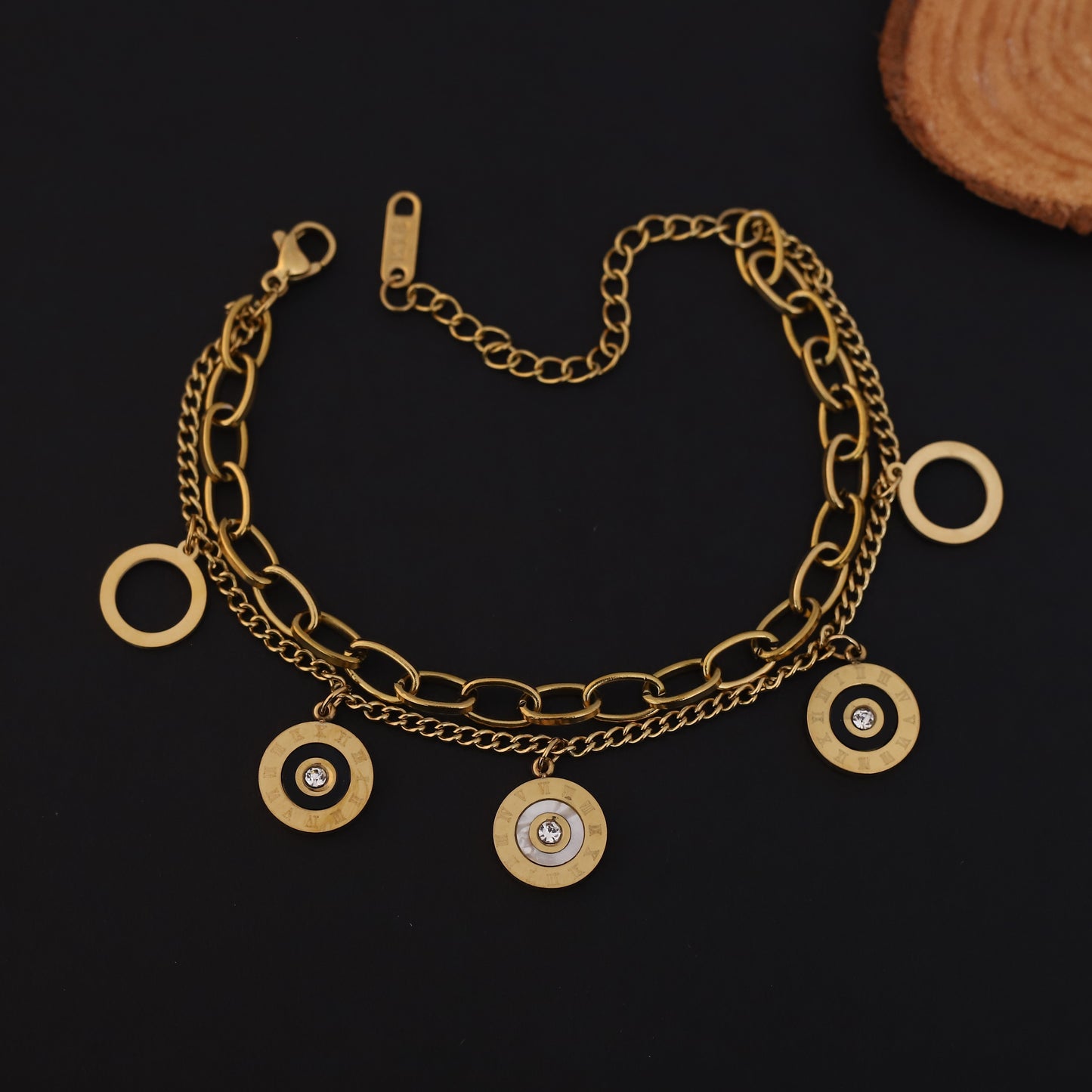 Gold Layered Charm Bracelet - Roman Numeral & Crystal Disc Design