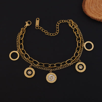 Gold Layered Charm Bracelet - Roman Numeral & Crystal Disc Design