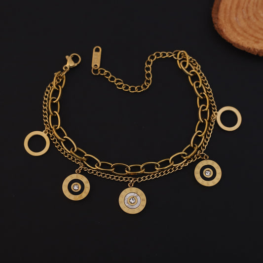Gold Layered Charm Bracelet - Roman Numeral & Crystal Disc Design