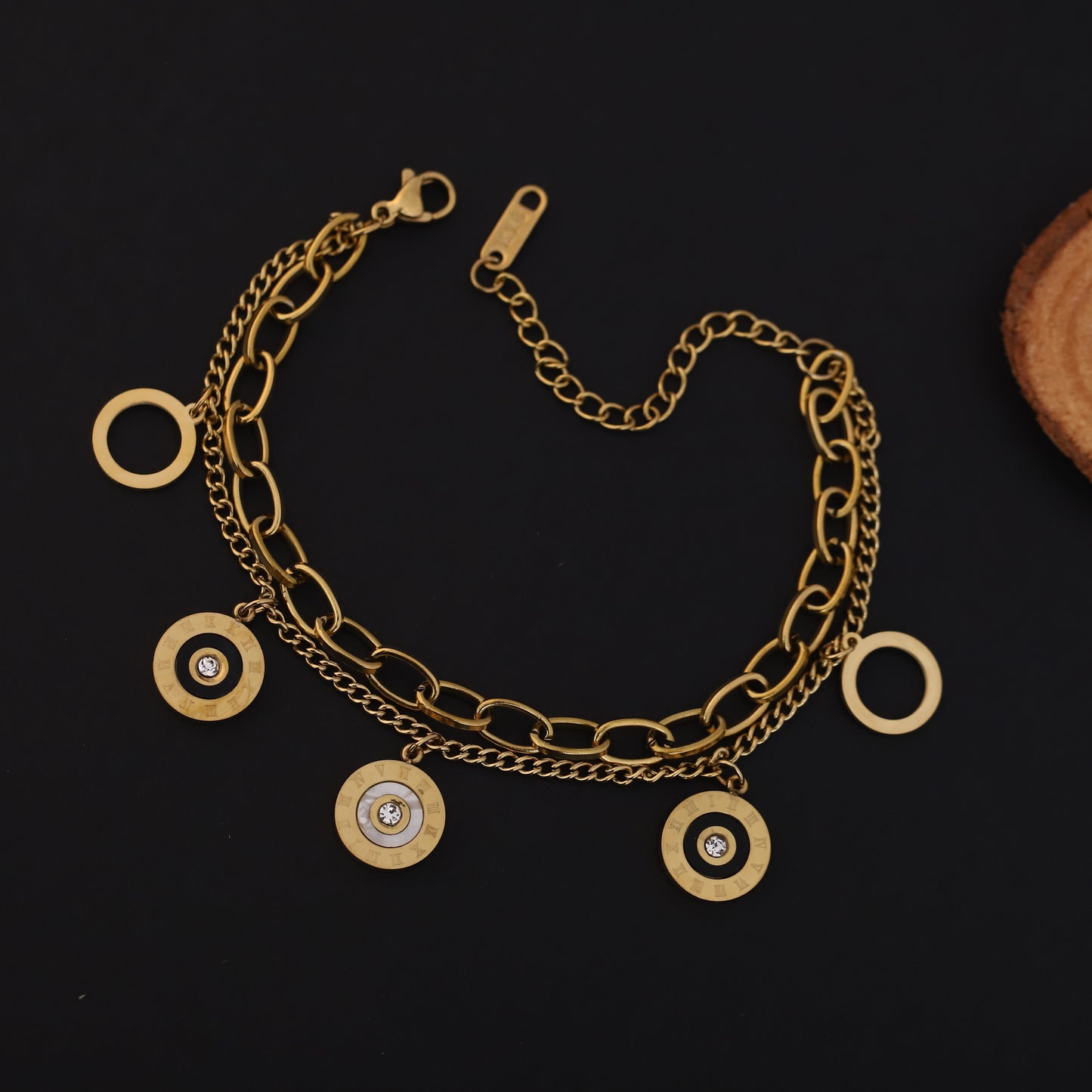 Gold Layered Charm Bracelet - Roman Numeral & Crystal Disc Design
