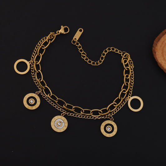 Gold Layered Charm Bracelet - Roman Numeral & Crystal Disc Design