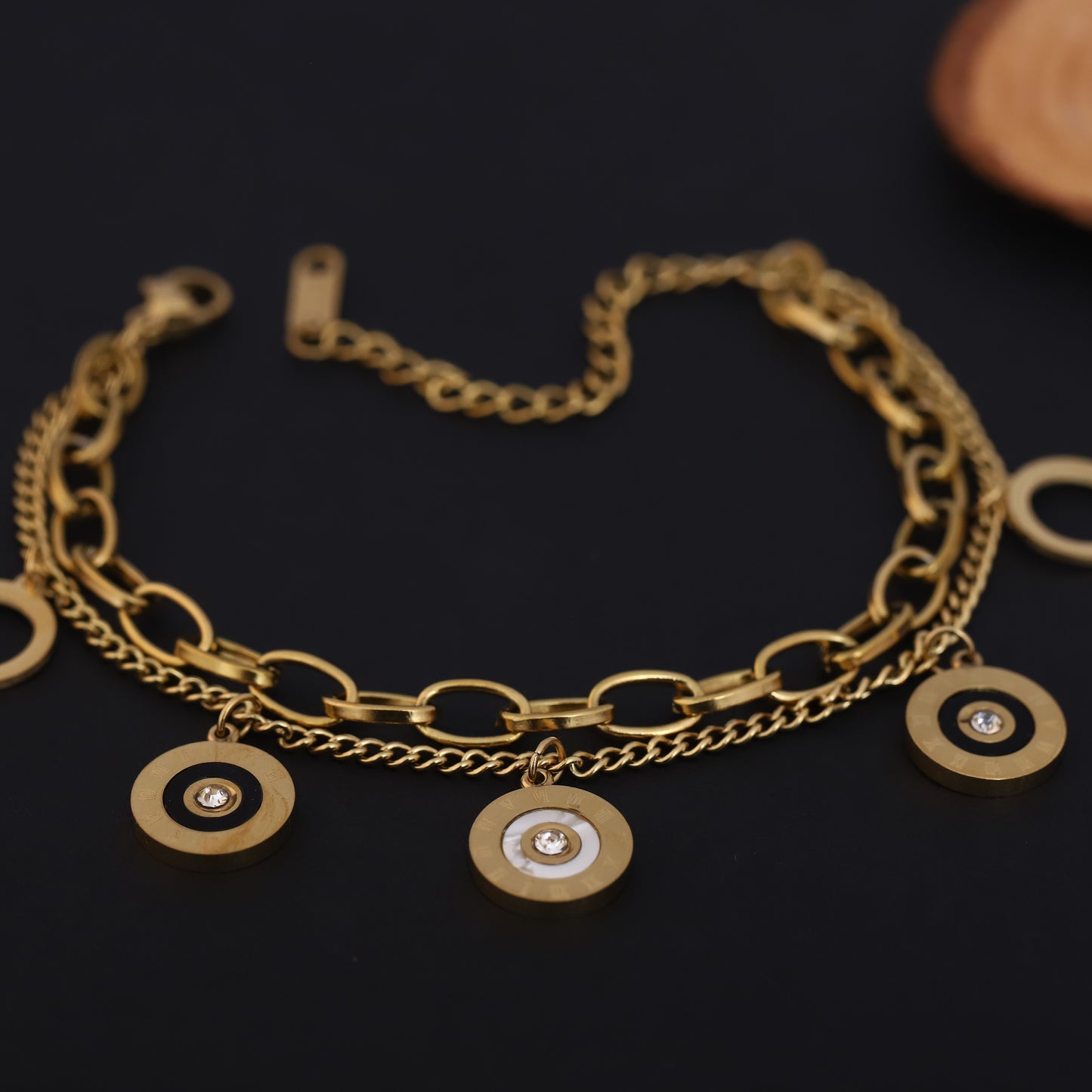 Gold Layered Charm Bracelet - Roman Numeral & Crystal Disc Design