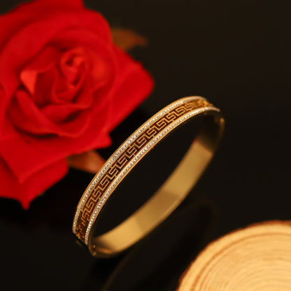 Greek Key Bangle with Textured Gold and Crystal Stripes - Modern Bracelet