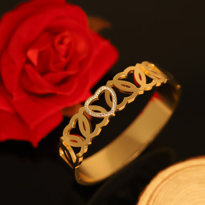 Wide Gold Bangle with Cutout Hearts & Crystal Accent - Romantic Bracelet