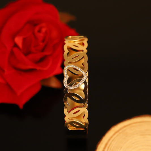 Wide Gold Bangle with Cutout Hearts & Crystal Accent - Romantic Bracelet