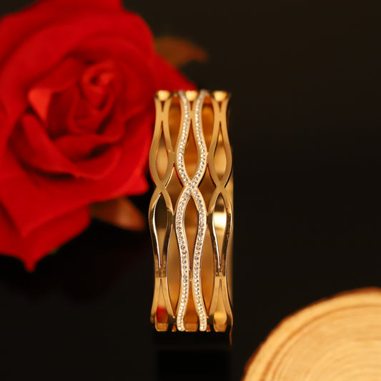 Interlocking Gold Wave Bangle with Crystal Accents - Modern Statement Bracelet