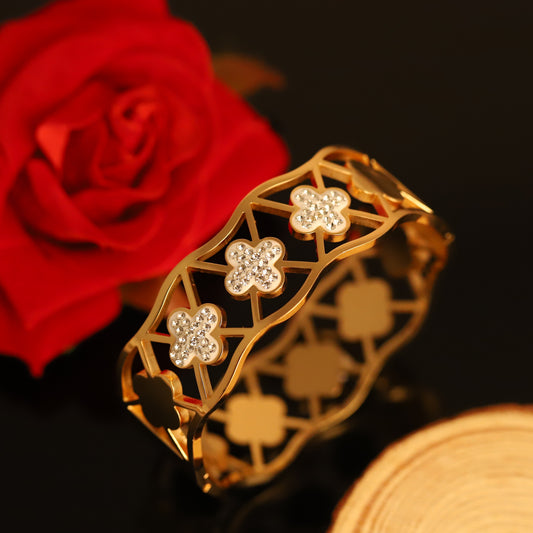 Wide Gold Bangle with Geometric Clover & Crystal Accents - Openwork Bracelet