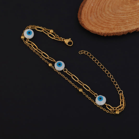 Gold Layered Evil Eye Bracelet - Protection Charm Jewelry with Blue & White Enamel