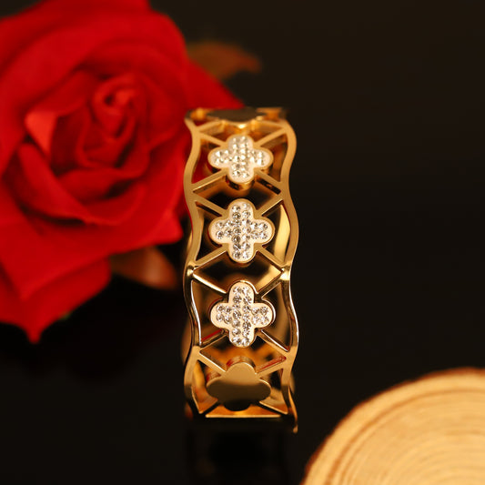 Wide Gold Bangle with Geometric Clover & Crystal Accents - Openwork Bracelet