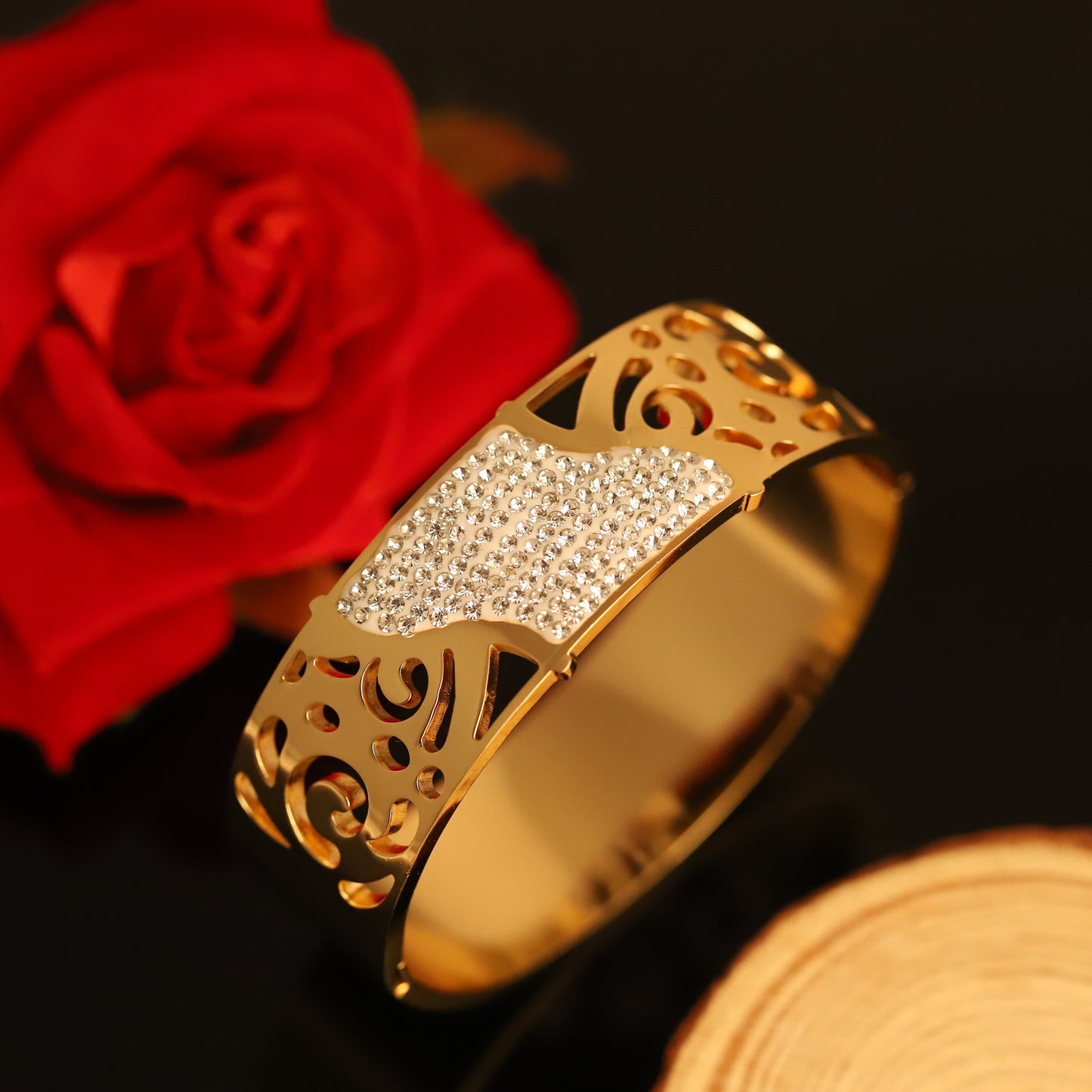 Wide Gold Bangle with Pavé Crystal Heart & Filigree - Statement Bracelet