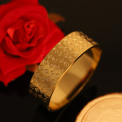 Wide Gold Bangle with Embossed Monogram Pattern - Statement Cuff Bracelet