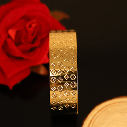 Wide Gold Bangle with Embossed Monogram Pattern - Statement Cuff Bracelet