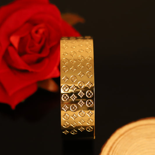 Wide Gold Bangle with Embossed Monogram Pattern - Statement Cuff Bracelet