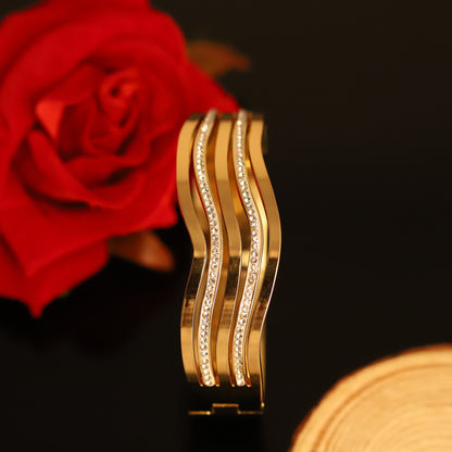 Modern Gold Wave Bangle with Crystal Stripes - Minimalist Bracelet