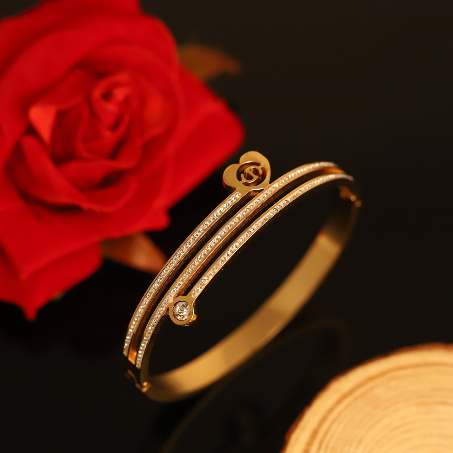 Elegant Gold Layered Bangle with Heart & Crystal Accents