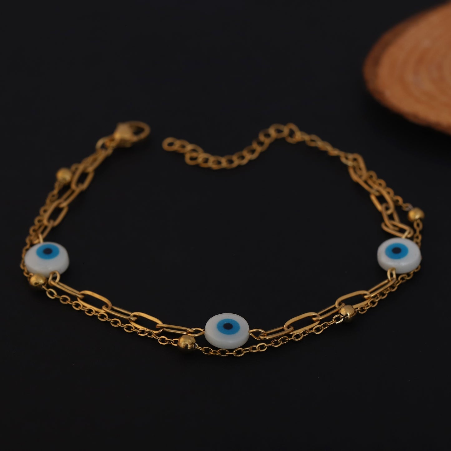 Gold Layered Evil Eye Bracelet - Protection Charm Jewelry with Blue & White Enamel