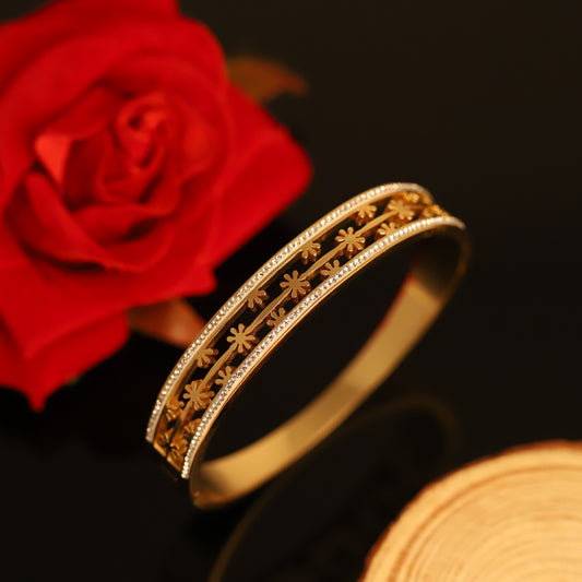 Gold Floral Cutout Bangle with Crystal Edges - Elegant Flower Bracelet