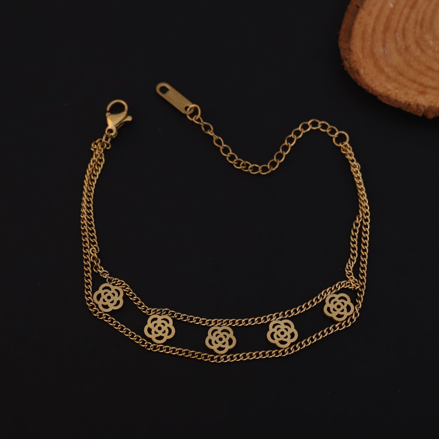 Gold Layered Floral Charm Bracelet - Stainless Steel Double Chain Jewelry