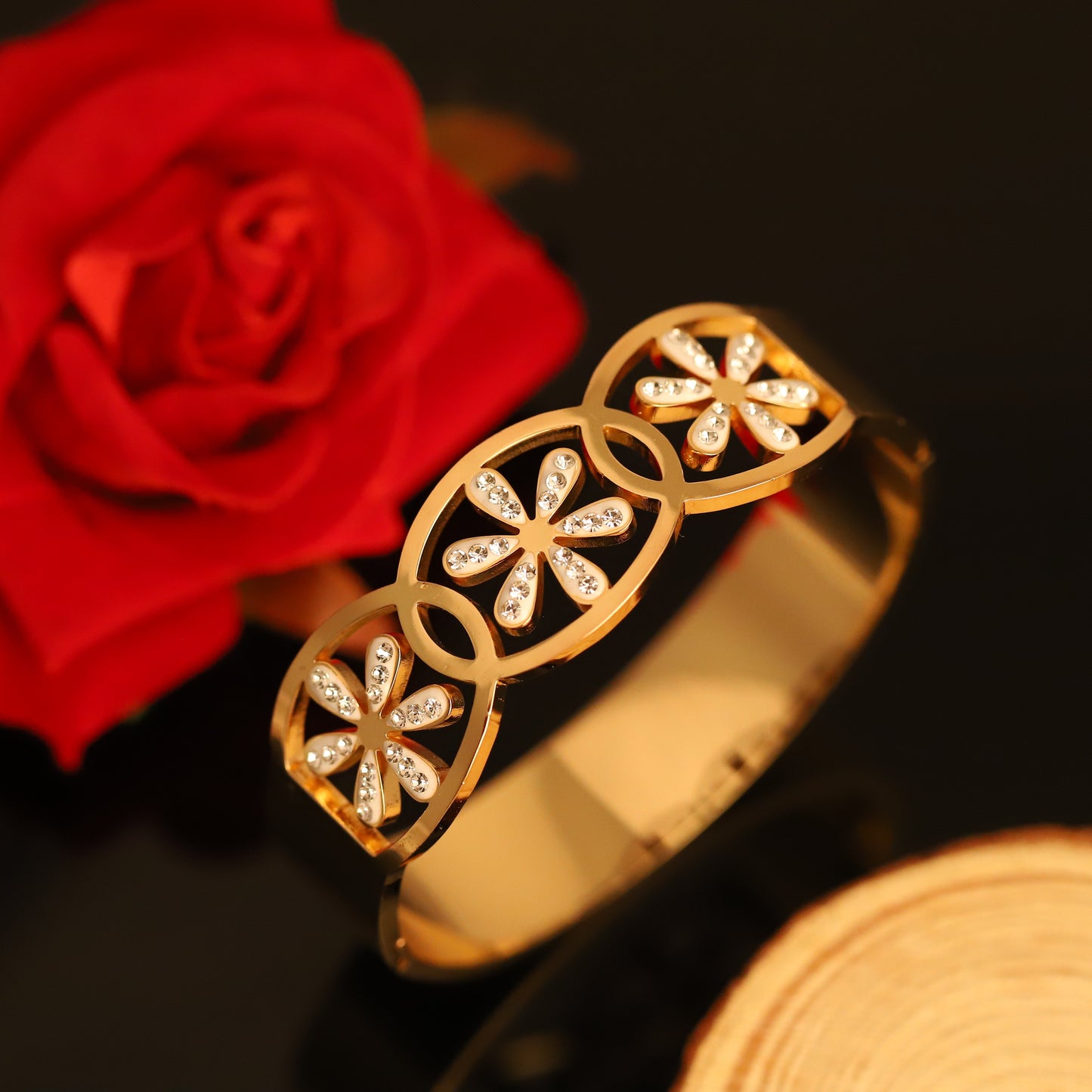 Gold Bangle with Pavé Crystal Flowers - Modern Floral Bracelet