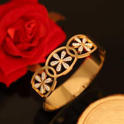 Gold Bangle with Pavé Crystal Flowers - Modern Floral Bracelet