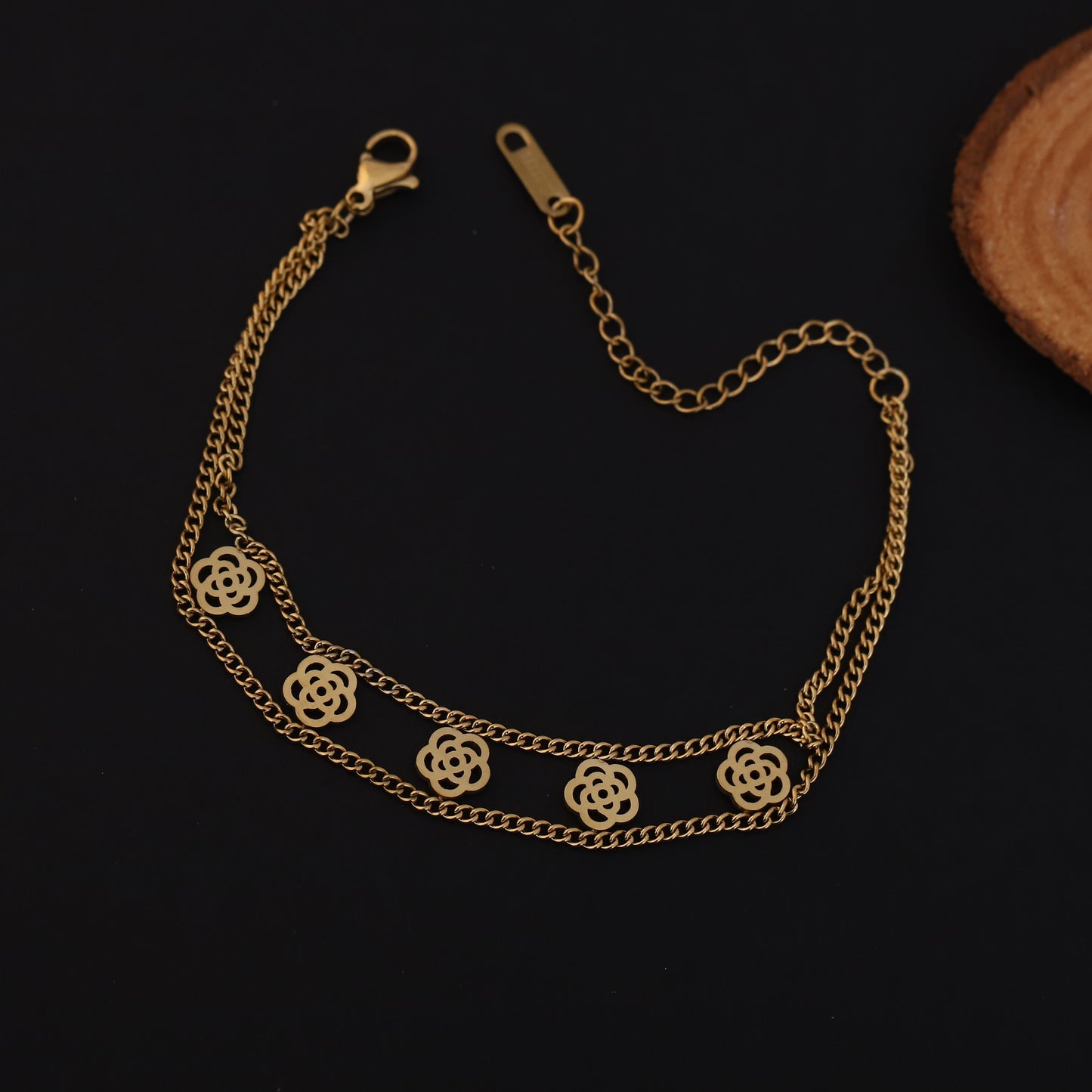 Gold Layered Floral Charm Bracelet - Stainless Steel Double Chain Jewelry