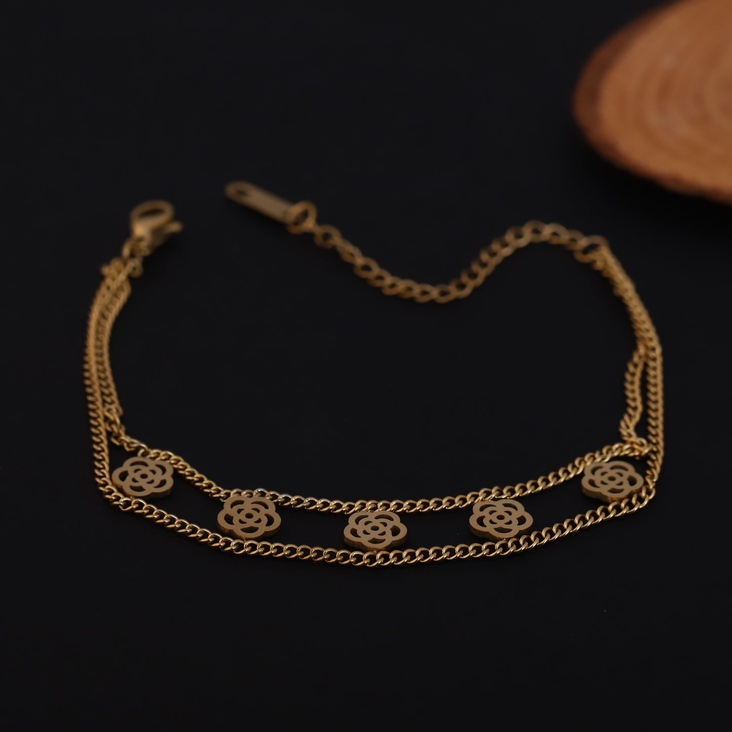 Gold Layered Floral Charm Bracelet - Stainless Steel Double Chain Jewelry