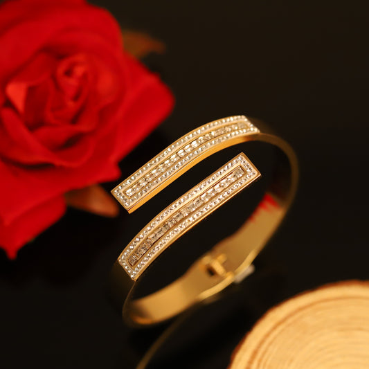 Modern Open Cuff Gold Bangle with Pave Crystal Bars - Statement Bracelet
